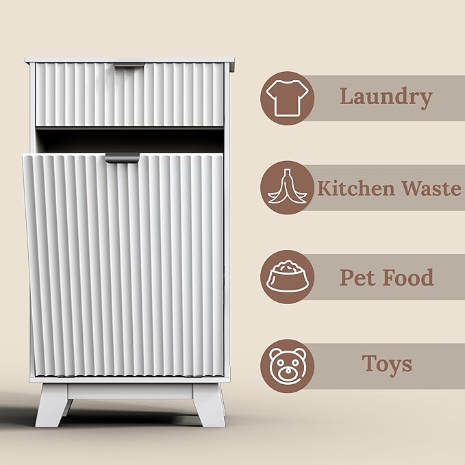 Modern Tilt Out Laundry Hamper Cabinet, 10 Gallon Wooden Trash Can Cabinet with Storage Drawer, Hidden Fluted Bathroom Storage Cabinet for Kitchen, Living Room (White, 20.47"W x 35.83"H x 13"D)