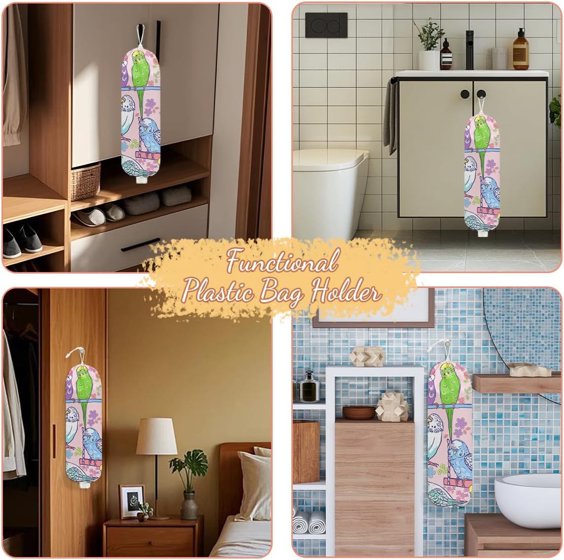 Parrot Plastic Bag Holder, Wall Mount Grocery Bag Holder, Plastic Storage bag, Pull Rope Free Adjustment, Plastic Bag Holders for Grocery Bags, Plastic Bag Dispenser for Home Kitchen
