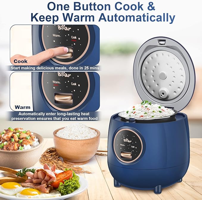 Bear Mini Rice Cooker 2 Cups Uncooked, 1.2L Portable Non-Stick Small Travel Rice Cooker, BPA Free, One Button to Cook and Keep Warm Function, Blue