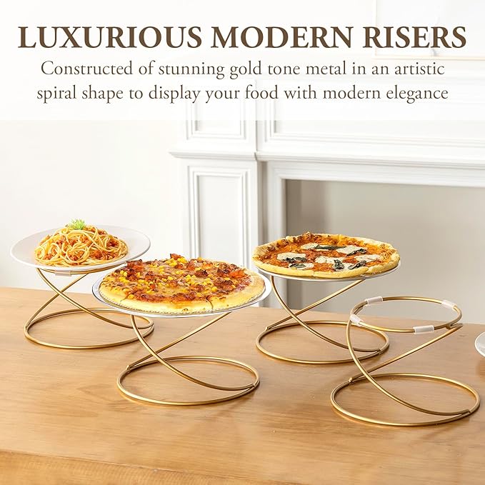MyGift Modern Gold Tone Metal Wire Spiral Pizza Pan Pedestals, Tabletop Serving Platter Riser Stands, Food Dish Rests or Dessert Tray Display Racks, Set of 4