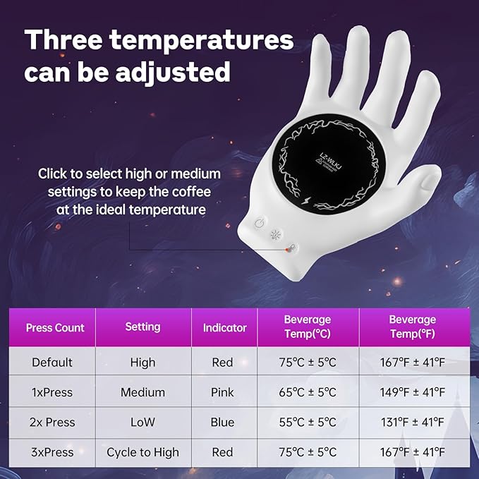 Devil's Hand Heating Mug Warmer Set - 3 Temp Settings & 8H Timer, Coffee Cup Warmer Plate for Desk Auto Shut Off, Ideal Beverage Warmer Gift for Coffee, Tea, Milk (White)