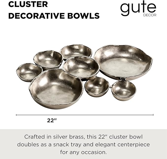 9 Cluster Decorative Bowls Bright Silver Snack Tray Bowl Chip & Dip Serving Piece Strong Brass Centerpiece Beautiful Room Accent & Entertaining Parties Home Decor Wedding Gifts 22 Inch Decorative Gift