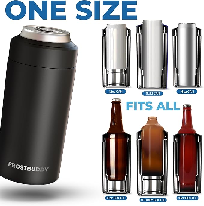 Frost Buddy Universal Can Cooler - Fits all - Stainless Steel Can Cooler for 12 oz & 16 oz Regular or Slim Cans & Bottles - Stainless Steel (Carbon Fiber)