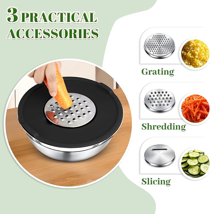 8PCS Mixing Bowls with Lids Set - 5 Nesting Mixing Bowls, 3 Grater Attachments, Lids, Stainless Steel Mixing Bowls for Mixing & Serving, Size 1.5/2.1/3.5/4/4.5 QT, Black