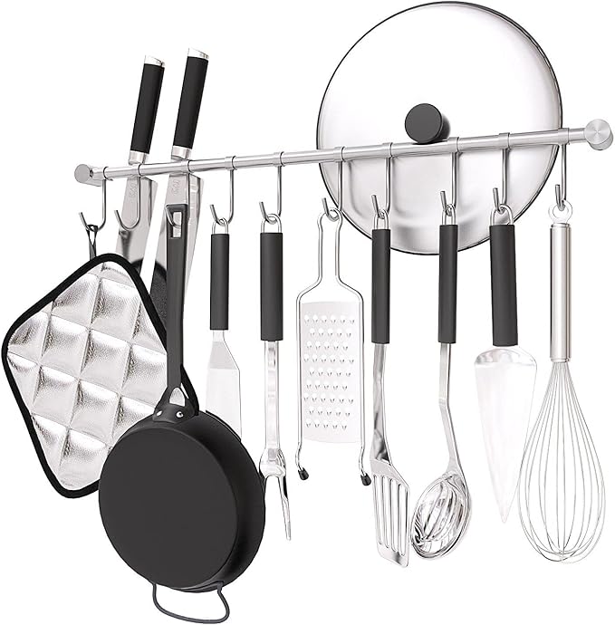 Kitchen Hanging Rack, 20 Inch Wall-Mounted Pot Holder with 10 Quiet Sliding Hooks, Rail Organizer Utensil Holder Bar for Cooking Spatulas Cups, Made of 304 Stainless Steel. (Silver)