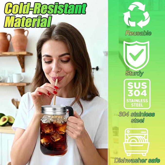 Palksky Mason Jar Lids with Straw Hole & Handle for Regular Mouth Jars, Leak-Resistant Drinking Lids with Extra Silicone Rings, Mason Jar Straw Lids for Iced Coffee, Lemonade, Juice (1 Pack)