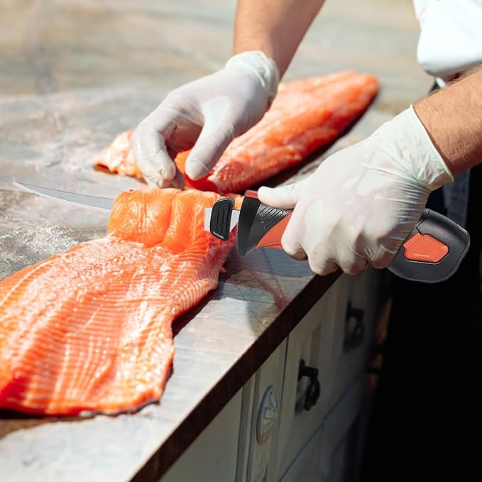 Cordless Electric Fillet Knife - 5 Ti-Nitride Coated Non-Stick Blades, Ergonomic Non-Slip Grip Handle & Cooling Vent Stylish with Carry Bag ,Perfect Electric Knife for Effortless Fishing (Orange)