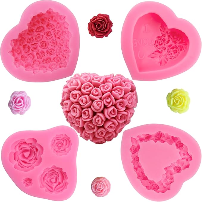 4 Pcs 3D Rose Flower Silicone Molds Mother's Day Fondant Mold Wedding Fondant Cake Molds Heart Candy Silicone Molds Chocolate Mould for Cake Topper Polymer Clay Soap Wax Making Party Supplies