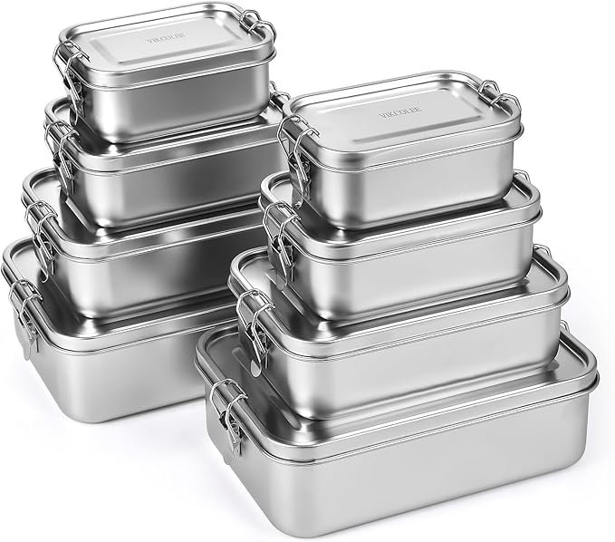 8 PCS Stainless Steel Bento Box 4-Size, Metal Lunch Box, Food Containers, Steel Lunch Container for Home, Work, Camping (550ml+850ml+1400ml+2400ml)*2