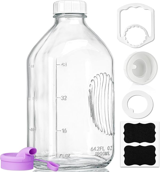 Ritayedet 64 Oz Heavy Duty Glass Milk Bottle with Reusable Airtight Strong SCREW LID - 1/2 Gallon Water Bottles with Scale Lines - 2 Qt Glass Milk Jug Pitcher - Extra Gaskets & Handle!