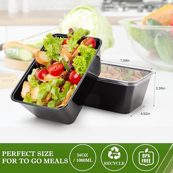 Meal Prep Containers 50Pack - 34oz Food Storage Containers with Lids, Reusable Food Prep Containers, Disposable To Go food Containers for Takeout, BPA Free, Stackable, 1000ml, Microwave/Freezer Safe