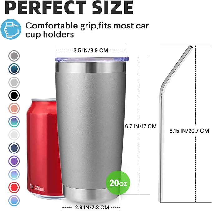 Volhoply 20oz Stainless Steel Tumbler with Lid and Straw,Double Wall Insulated Travel Iced Coffee Mug Fits Car Cup holder,Powder Coated Cups for Hot and Cold Drinks,Gifts for Women Men（Gray,1 Set）