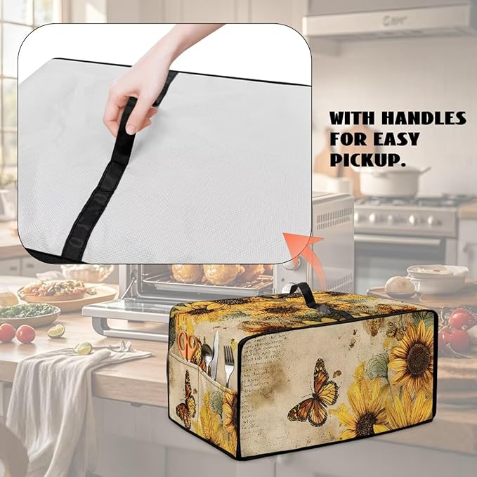 Convection Toaster Oven Cover with Pockets, Easy to Clean, Smart Microwave Baking Oven Dust Cover for Countertop, M, 16.5 x 20.5 x 10 inches, Retro Sunflower Butterfly
