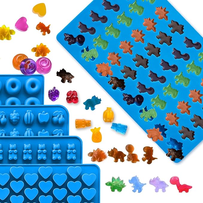 Sidosir 7Pcs Gummy Candy Molds, Gummy Bear/Dinosaur/Fruit/Donut/Hearts Molds, Non-stick Silicone Candy Chocolate Mold (5Shape+2Droppers)