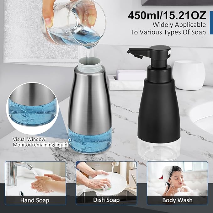Automatic Soap Dispenser Liquid Touchless: 15oz Stainless Steel - 3 Level Adjustable Silver Rechargeable Electric Auto Smart Soap Dispenser - Bathroom Kitchen Hand Dish Lotion
