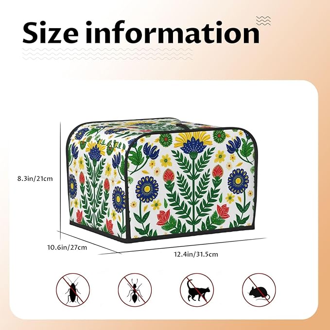 Mexican Folk Flowers Covers for 4 Slice Toasters,Cute Country Bread Machine Cover with Handle,Washable Stain Resistant Kitchen Small Appliance Cover Dining Decor