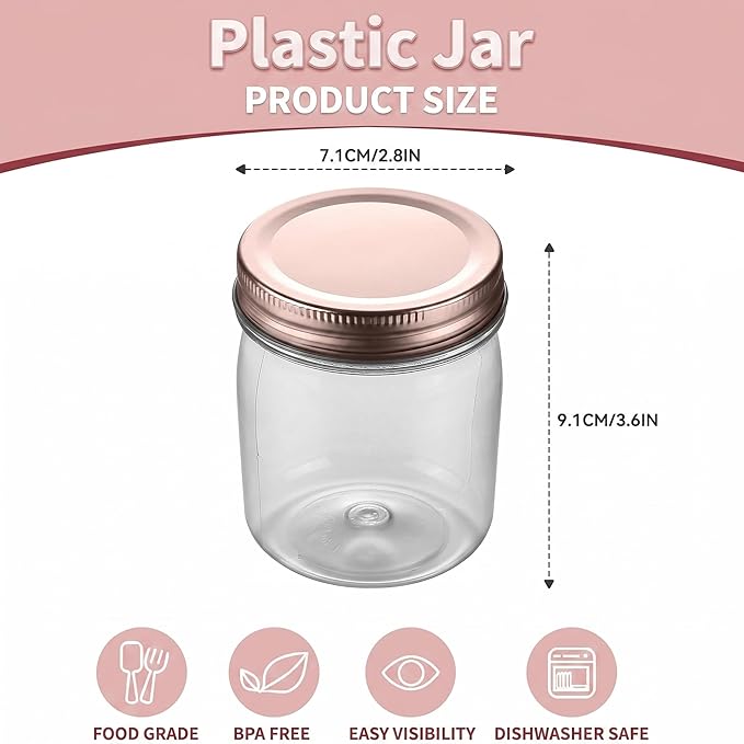 novelinks 8 oz Clear Plastic Jars with Airtight Lids, 32 Pack Plastic Mason Jars with Lids 8oz, Refillable Storage Slime Containers & Small Spice Jar for Kitchen Organization (32 Pack,Rose Gold)