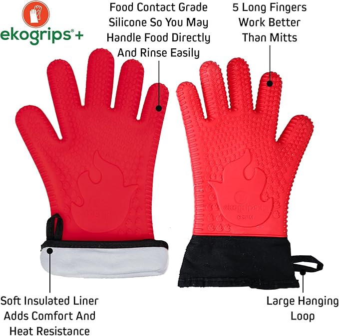 Ekogrips Plus Oven Gloves with Fingers, Comfy Waterproof Silicone Oven Mitts Heat Resistant with Long Cuff, Insulated BBQ Gloves Perfect for Grilling, Baking, Smoker, Canning, Pizza, Red, Hot Mitts