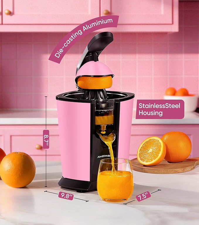 Electric Orange Juicer, Citrus Juicer Squeezer with 2 Cones and Soft Grip Handle for Effortless Juicing, Stainless Steel Quiet Orange Juice Extractor Machines for Lime Grapefruit Lemon, Pink