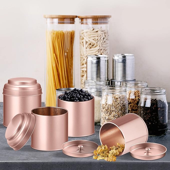 Meanplan 12 Pcs Tea Tin Canister with Airtight Double Lids Round Tin Can Box Small Kitchen Tea Canister Loose Leaf Storage Containers for Loose Bags Coffee Sugar Candy Spices(Rose Gold,8 oz)