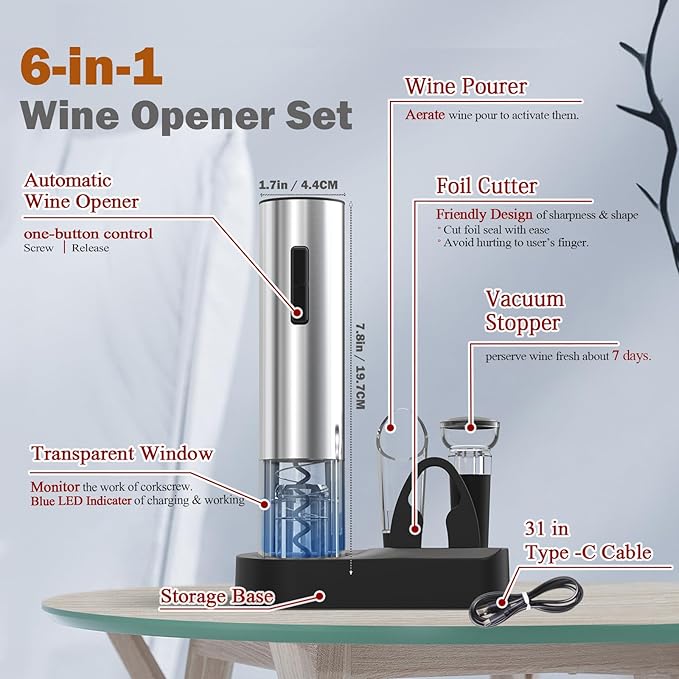 Electric Wine Opener, 6-in-1 Rechargeable Wine Bottle Opener set includes Automatic Corkscrew Wine Opener, Foil Cutter, Vacuum Wine Stopper, etc. Ideal gift for Wine Lovers (Silver)