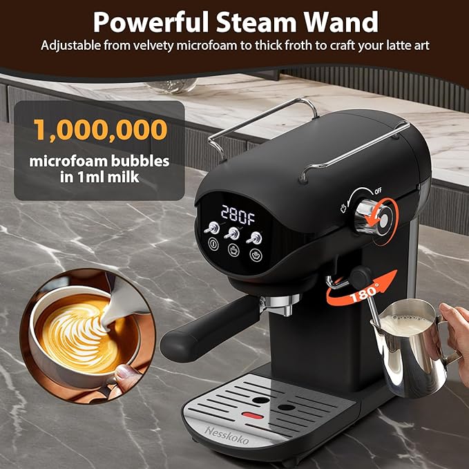 Espresso Machine with Steam Milk Frother Semi Automatic 20 Bar Compact Black with Toggle Switch for home Cafetera Espresso, Latte, Cappuccino, Americano, Macchiato