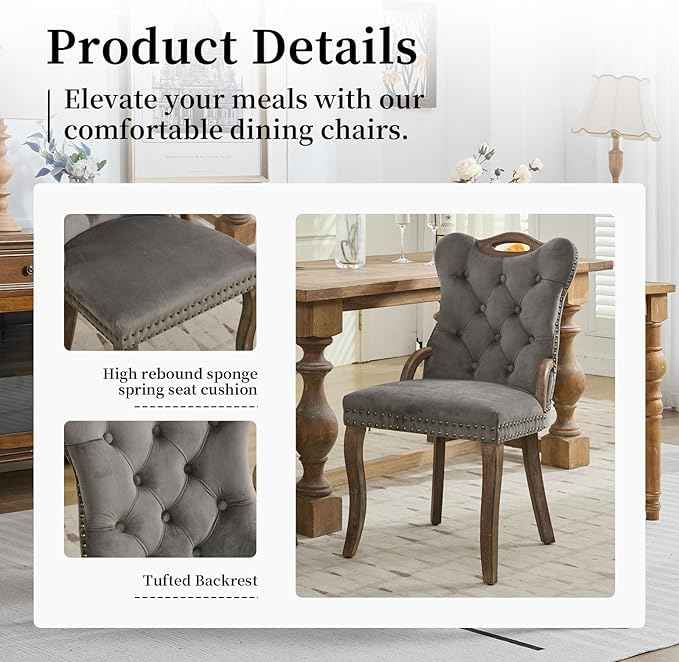 Grey Velvet Dining Chairs Set of 2，Modern Upholstered Dining Room Chairs with Tufted Back and Wood Handles, Curved Solid Wood Legs, Sillas de Comedor