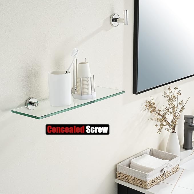 JQK Bathroom Glass Shelf Chrome, Tempered Glass Shower Storage 14 by 5 inches, 304 Stainless Steel Polished Chrome Wall Mount, TGS101L14-CH