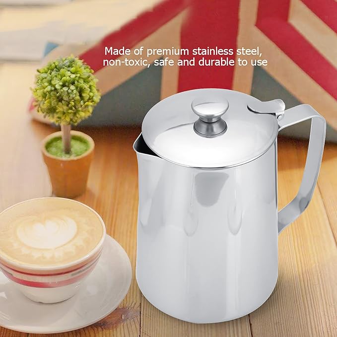 Stainless Steel Milk Frothing Pitcher with Lid for Latte Coffee Art, Small 3oz Creamer Jug, Metal Barista Set, Mini Cup for Health Gear Coffee (600ml)