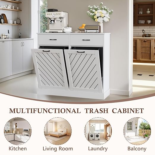 Double Tilt-Out Trash Can Cabinet, 2x13 Gallons Hidden Garbage, Hidden Kitchen Trash Cabinet with Storage Drawer, Pet-Proof Wooden Garbage & Recycling Cabinet for Kitchen, Laundry & Living Room, White