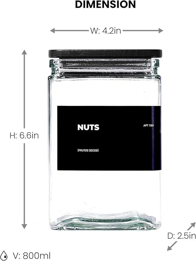 APT 1101 26 oz Glass Storage Jars with Bamboo Lid, set of 6, glass canisters with airtight lids, Clear jars with lids for Cookie, Candy, Tea, Coffee Bean and Rice, Black
