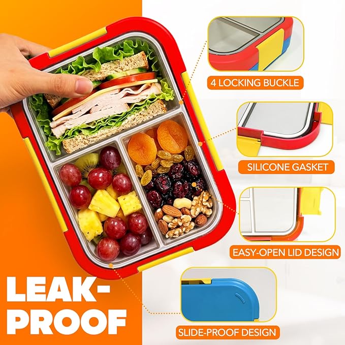 EASYFUN Bento Box Adult, Lunch Box, 3-Compartment Lunch Containers, Drop-Proof, Dishwasher Safe & Made with BPA-Free Materials (Red blue)