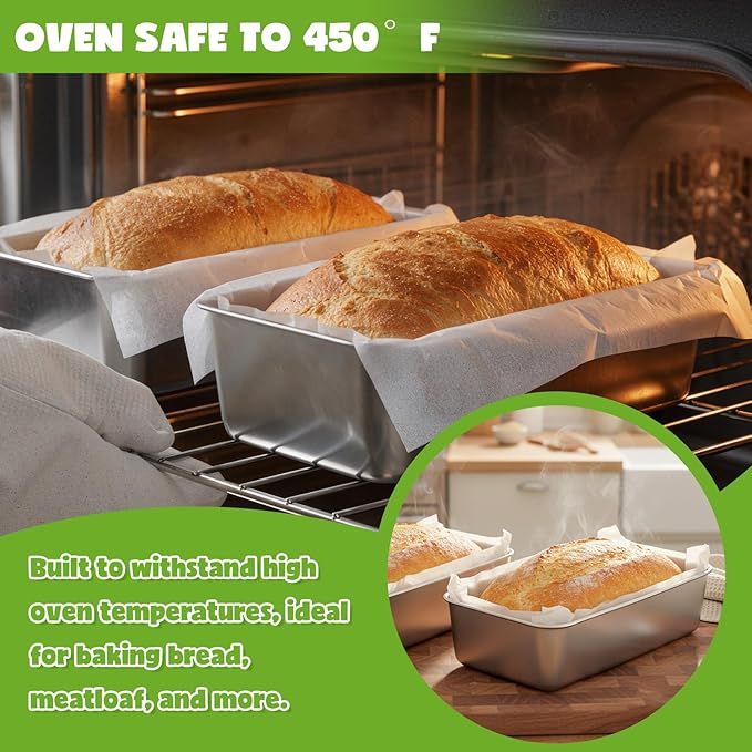 2 Packs 8.8×5.9 Inch Loaf Pans for Baking Bread, 304 Stainless Steel Loaf Bread Pan with Parchment Paper Liners, Metal Bakeware for Bread, Meatloaf, Cake Brownies, Easy Release, Oven & Dishwasher Safe