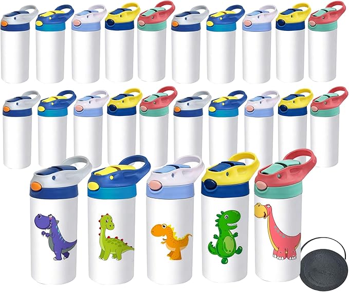 Sublimation Tumbler,25 PACK 12oz Stainless Steel Sublimation Sippy Cup,Double Wall Insulated Kids Tumbler with Handle,Spill Proof lid,Silicone Bottoms,for Water,Drinks (25, 12OZ)