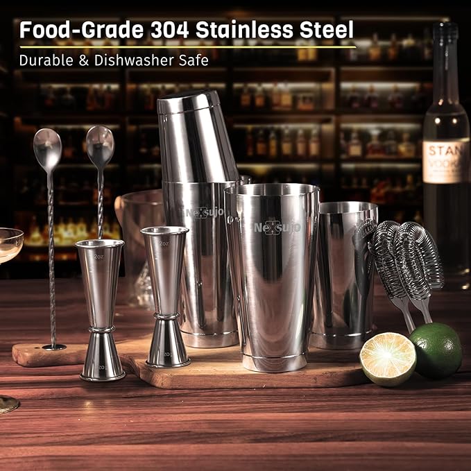 Boston Cocktail Shaker, 8-Piece Professional Shaker Set, Stainless Steel Bar Tools Set with Boston Shaker, Bar Spoon, Jigger, Hawthorne Strainer, Dishwasher Safe, Ideal Bartender Kit for Bar