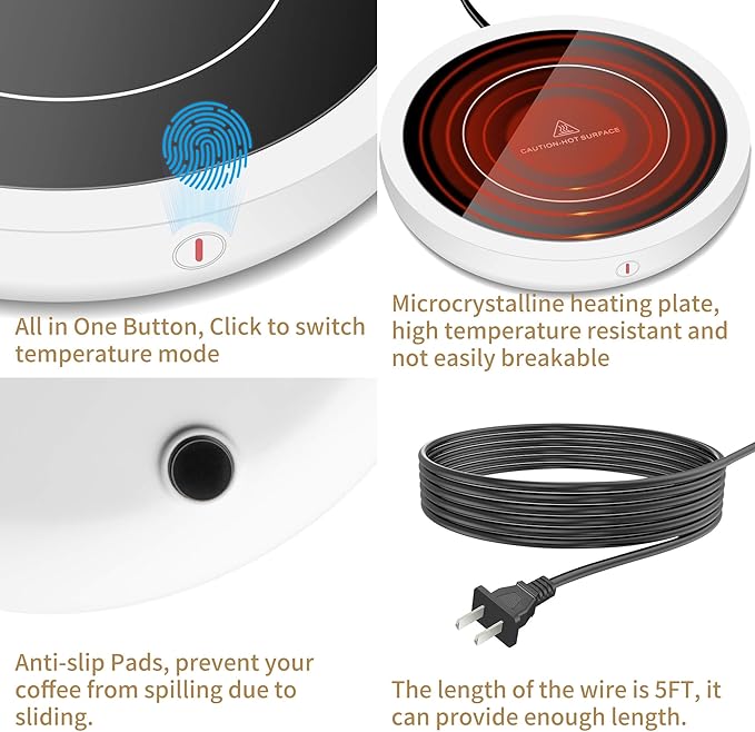 Coffee Mug Warmer for Desk 4H Auto Shut Off, Smart Coffee Cup Warmer with 3 Temperature Setting, Electric Mug Warmer Plate for Coffee, Milk, Tea (White)