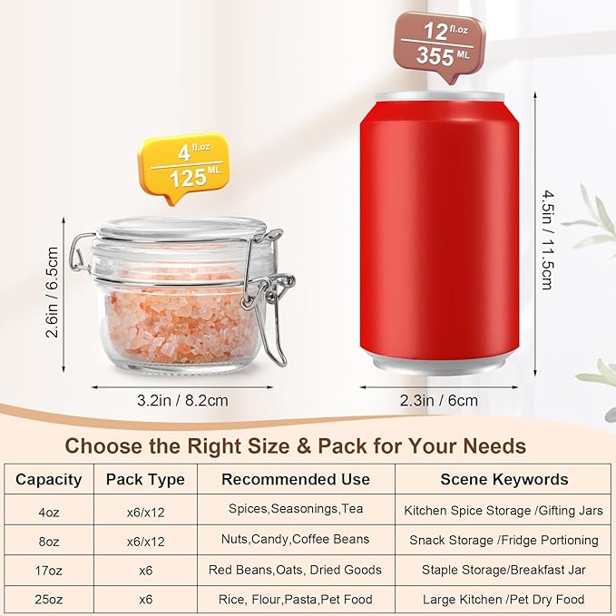 4oz Mini Airtight Glass Jars with Clamp Lid - Small Spice, Jam & Honey Jars for Kitchen Pantry Storage, Cute Clear Sauce Containers for Seasoning, Sugar, Salt, Wedding & Party Favors