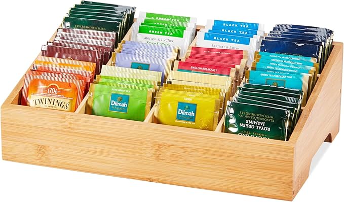 TIMIEEYA Tea Bag Organizer - Bamboo Tea Storage Organizer With 12 Compartments, 1 Layer Tea Organizer for Tea Bags Natural Bamboo for Countertop Office Kitchen Cabinet Pantry