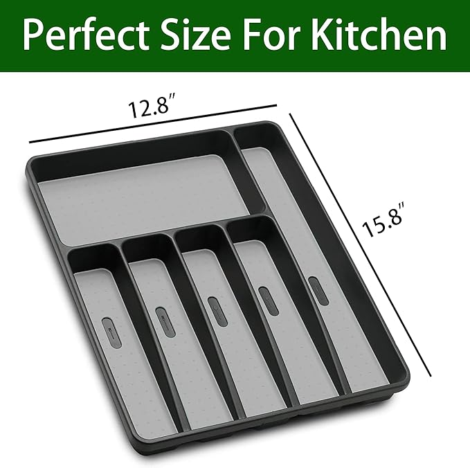 Silverware Organizer Utensil Organizer Holder Kitchen Drawer Organizer Plastic Silverware Tray for Drawer Flatware Organizer 6 Compartment Black