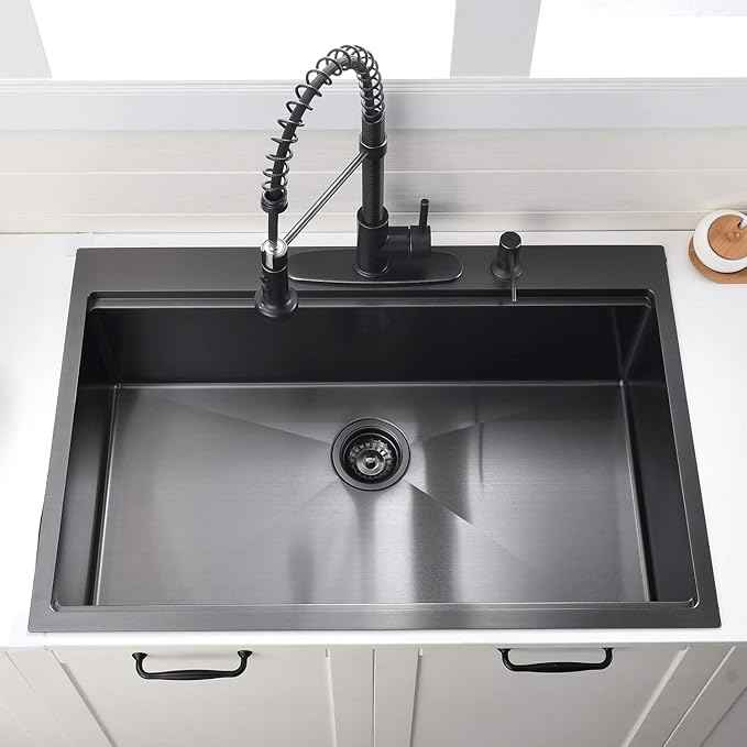 30 Inch Black Drop in Kitchen Sink Workstation - VOKIM 30x18-Inch Drop in sink Stainless Steel 16 Gauge 10'' Deep Single Bowl Topmount Kitchen Sink with Cutting Board& Strainer