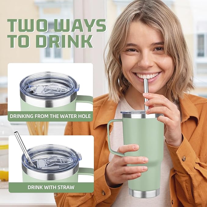 20 oz Tumbler with Handle Stainless Steel Insulated Coffee Mug Tumbler with Lid and Straw Double Wall Vacuum Insulated Coffee Mug Leak Proof Travel Mug Tumbler for Hot and Cold Drink (Green Tea,4pack)