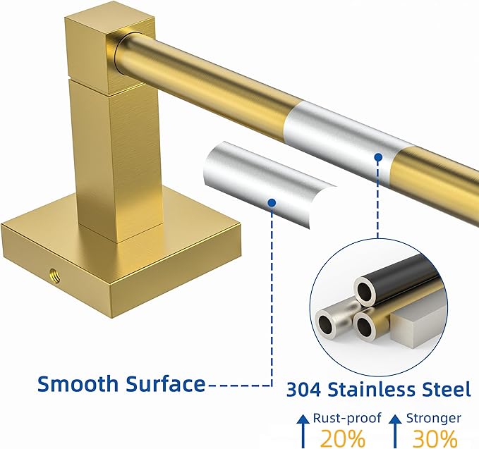 RUACQ Gold Towel Bar 18 inch, 304 Stainless Steel Towel Racks for Bathroom Wall Mounted, Heavy Duty Bath Towel Rod with Square Base(Brushed Gold)