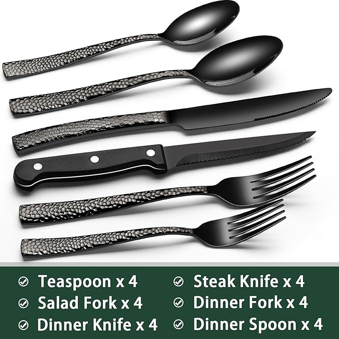 EWFEN 24-Piece Black Silverware Set with Steak Knives, Black Flatware Set for 4, Food-Grade Stainless Steel Tableware Cutlery Set, Mirror Finished Utensil Sets for Home Restaurant, Wave Hammered