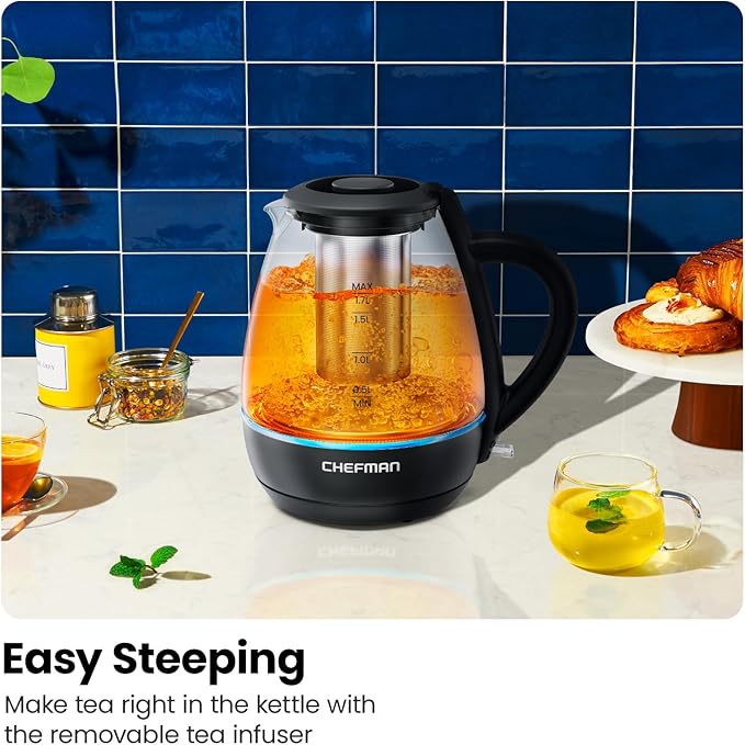 Chefman Electric Kettle with Tea Infuser, 1.7L 1500W, Removable Lid for Easy Cleaning, Boil-Dry Protection, Stainless Steel Filter, BPA Free, Auto Shut Off Hot Water Boiler, Glass Electric Tea Kettle