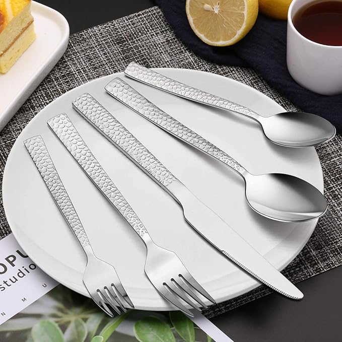 E-far 20-Piece Hammered Silverware Set, Stainless Steel Square Flatware Set Service for 4, Tableware Cutlery Set Includes Forks Spoons Knives, Modern Design & Mirror Finish - Dishwasher Safe