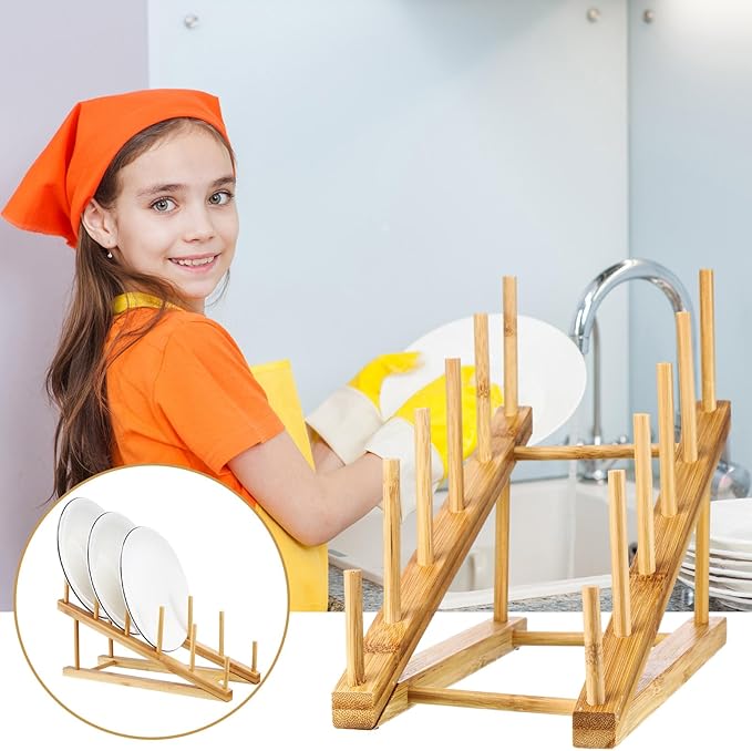 Suclain 6 Pcs Wooden Bamboo Dish Drying Rack Kitchen Cabinet Organizer for Cabinet Cutting Board Display Stand for Dish Plate Bowl Water Bottles Cup Pot Lid Cutting Board