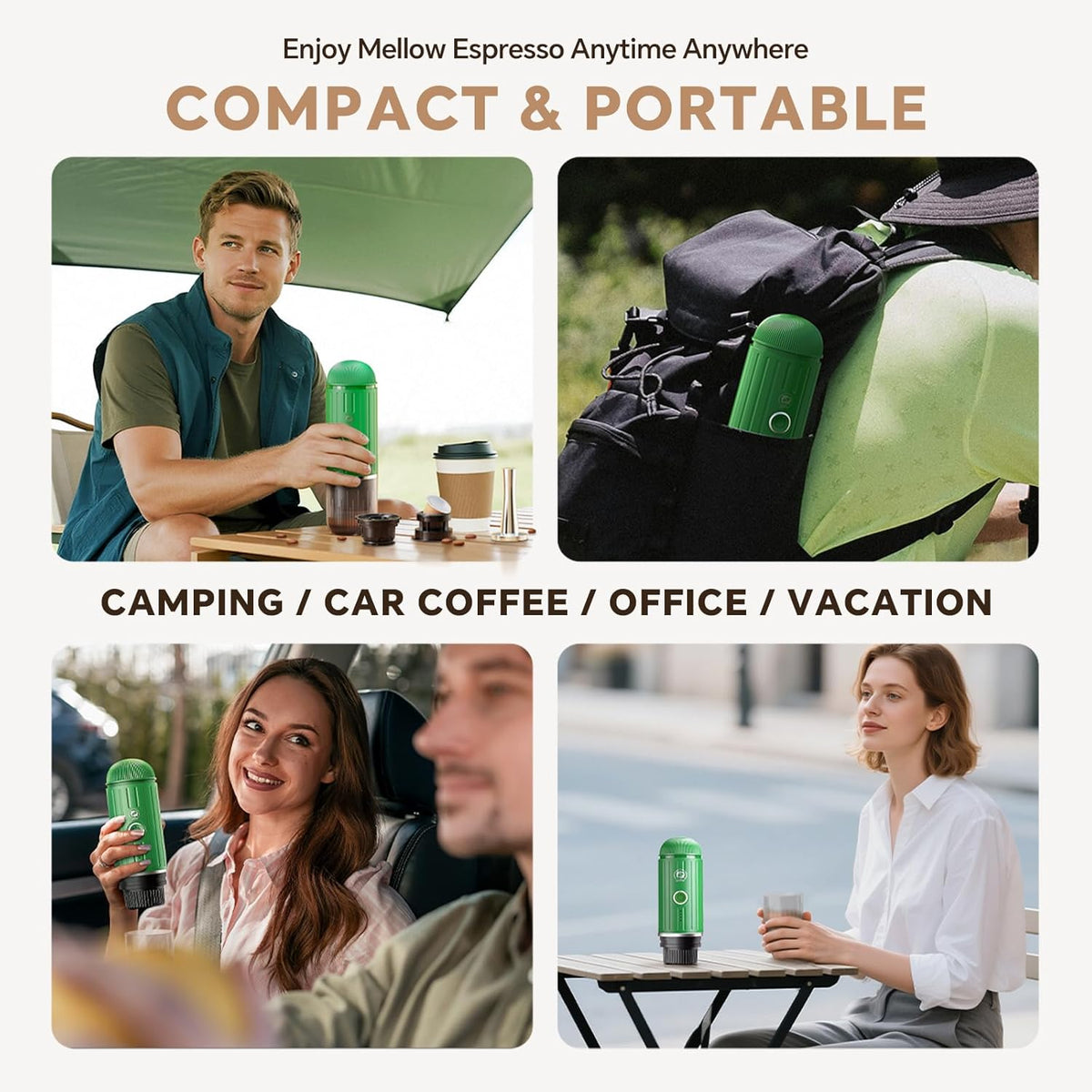 Rich Crema Portable Electric Espresso Coffee Maker, Fast self-heating 2 IN 1 Extraction System Espresso Machine, Support Ground Coffee and NS capsule, for Travel、Car、Hiking、Climbing（Green）