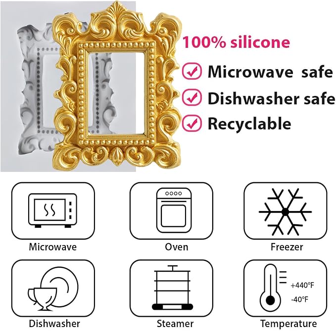 Picture Frames Silicone Mold Photo Frame Fondant Molds Vintage Frame Mold Baroque Frames Chocolate Molds For Sugar craft Cake Decoration Cupcake Topper Candy Polymer Clay Gum Paste Set of 4