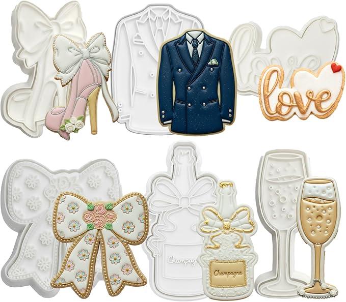 Wedding Cookie Cutters Set of 6 Dress Molds 3.5" with Plunger Stamps Baking Dough Tools Cake Shapes PLA Accessories for Birdesmaid Decorative Party Kitchen Supplies