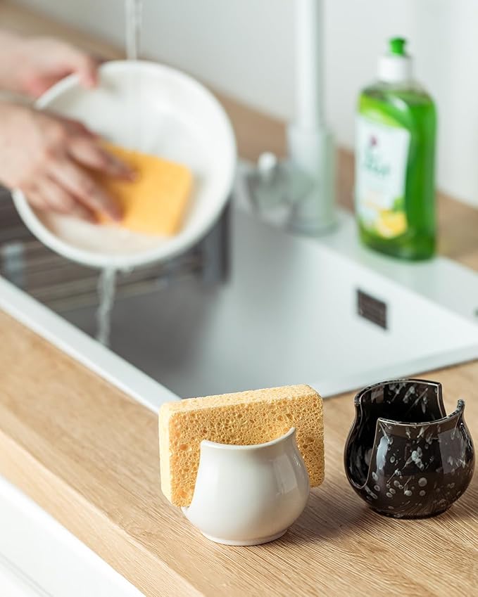 Kitchen Sponge Holder, Ceramic Dish Sponge Holder Kithen Sink Organizer Farmhouse Brush Holder Dish Rack for Bathroom, Kitchen, Sink, Black
